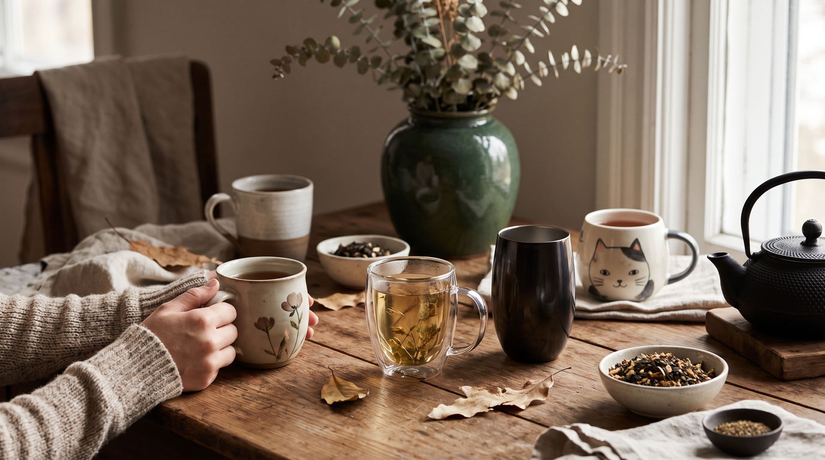 Tasses et mugs en céramique et en verre sur une table en bois, avec du thé en feuilles